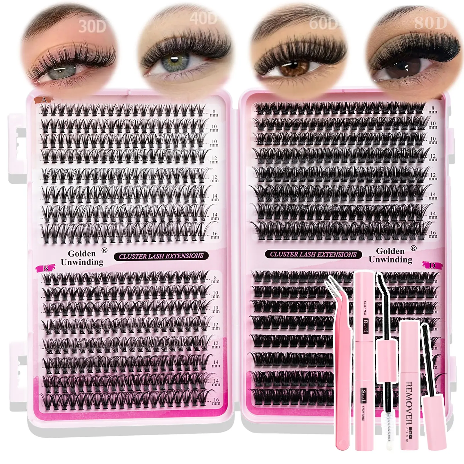 False Eyelash Extension Kit, 30D/40D/60D/80D, Includes Glue, Tweezers, Remover, D Curl, Fluffy, Non-Toxic, DIY, Daily Use, Gift