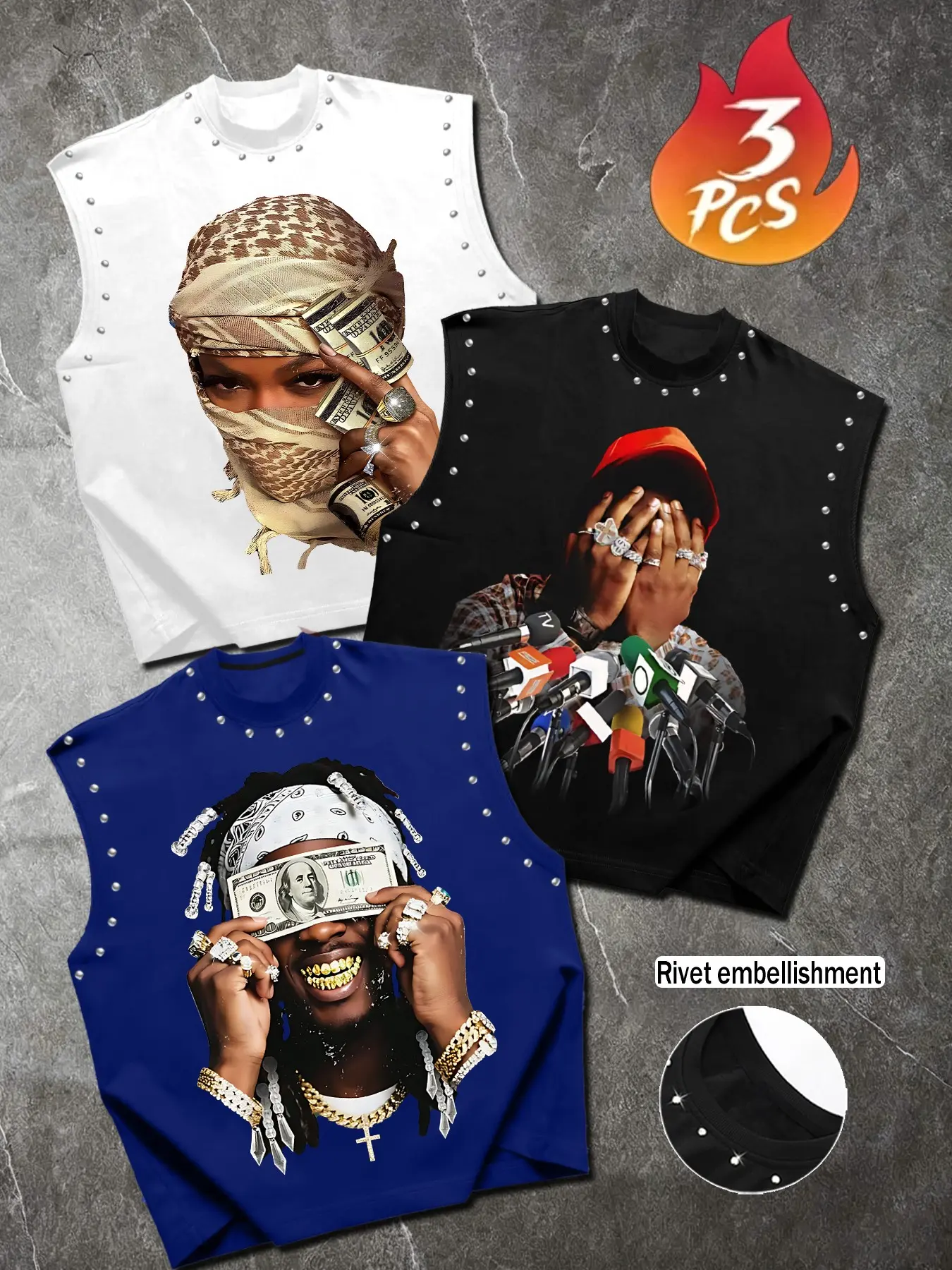 Men's Sleeveless Casual Loose Wide Shoulder 3-Piece Set, Hip-Hop Portrait Print, Soft Fabric, Ideal for Beach and Short Trips