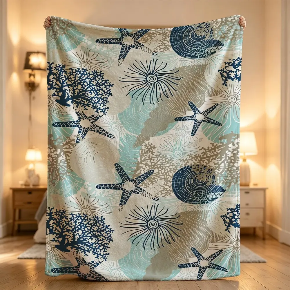 Ocean starfish coral seashell marine life nautical beach coastal Flannel blanket, sofa leisure blanket, bed blanket, Plush Throw Blanket,Cozy Soft Lightweight Blanket,Boho Decorative Throw Blanket