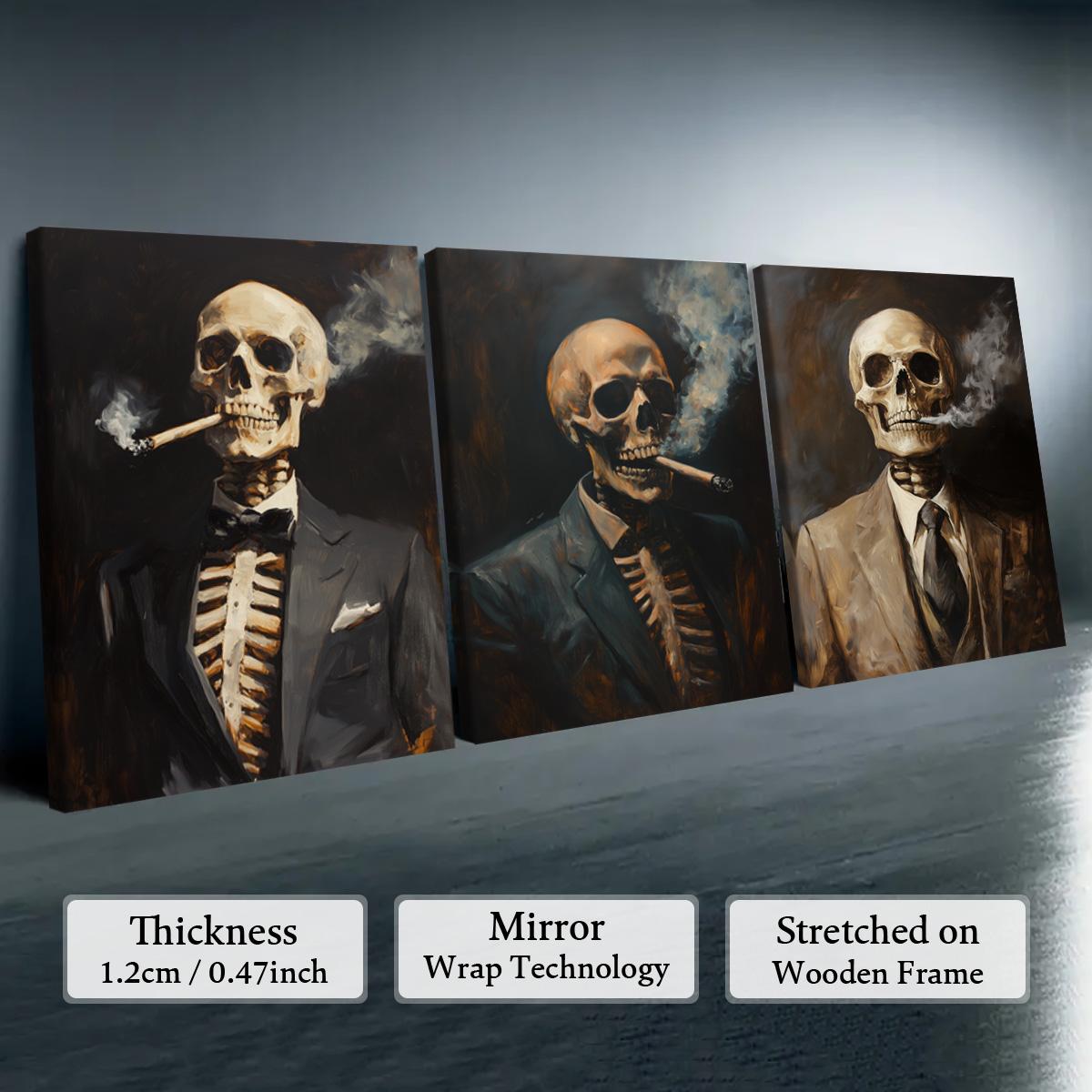 Skull Pattern Canvas Painting, 3 Counts/set Creative Wall Art Poster, Wooden Wall Art, Wall Art Decor for Home Living Room Bedroom Office