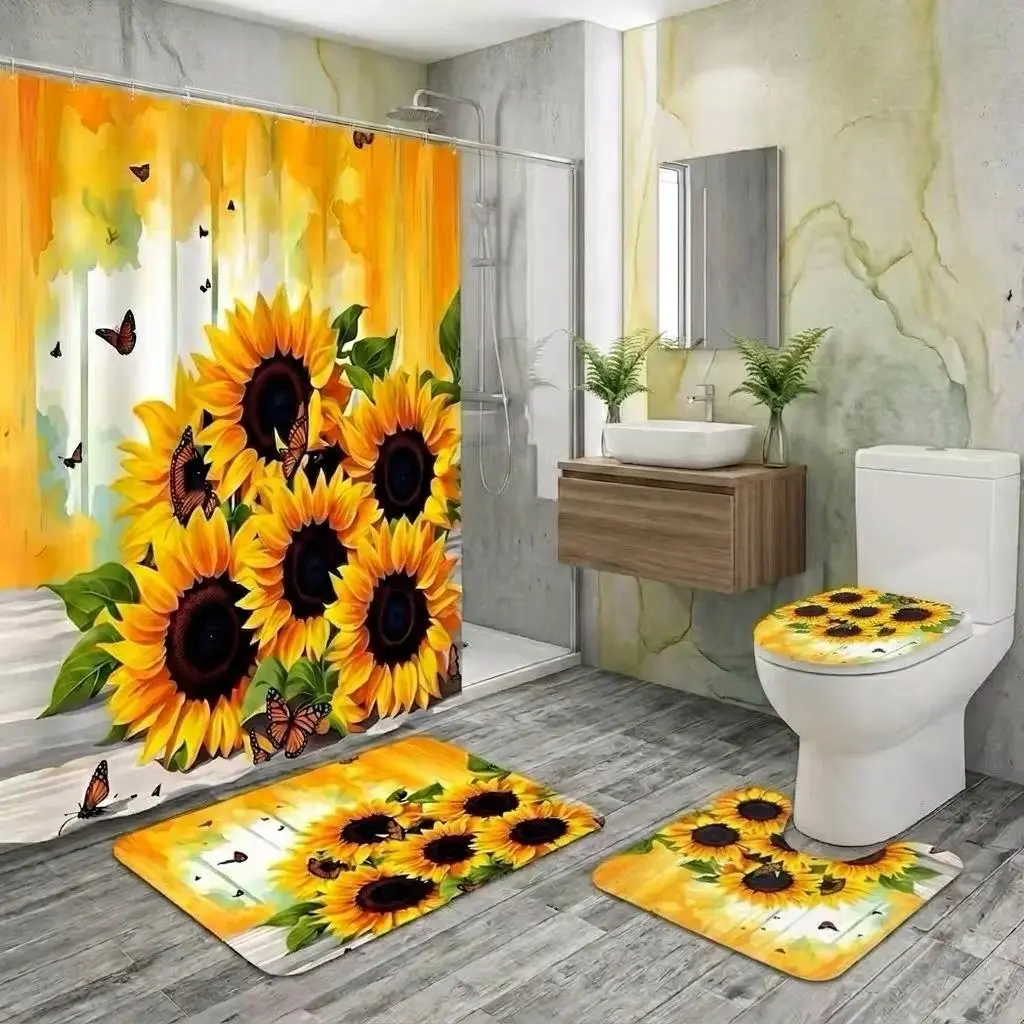 1/4Pcs Floral Shower Curtain Set Sunflowers, Butterflies, Watercolor Wash, Bathroom Sets with Rugs for Summer, Aesthetic Bathroom Decor Bright Sunflowers With Butterflies And Watercolor Wash For Cheerful Summer Bathroom Atmosphere