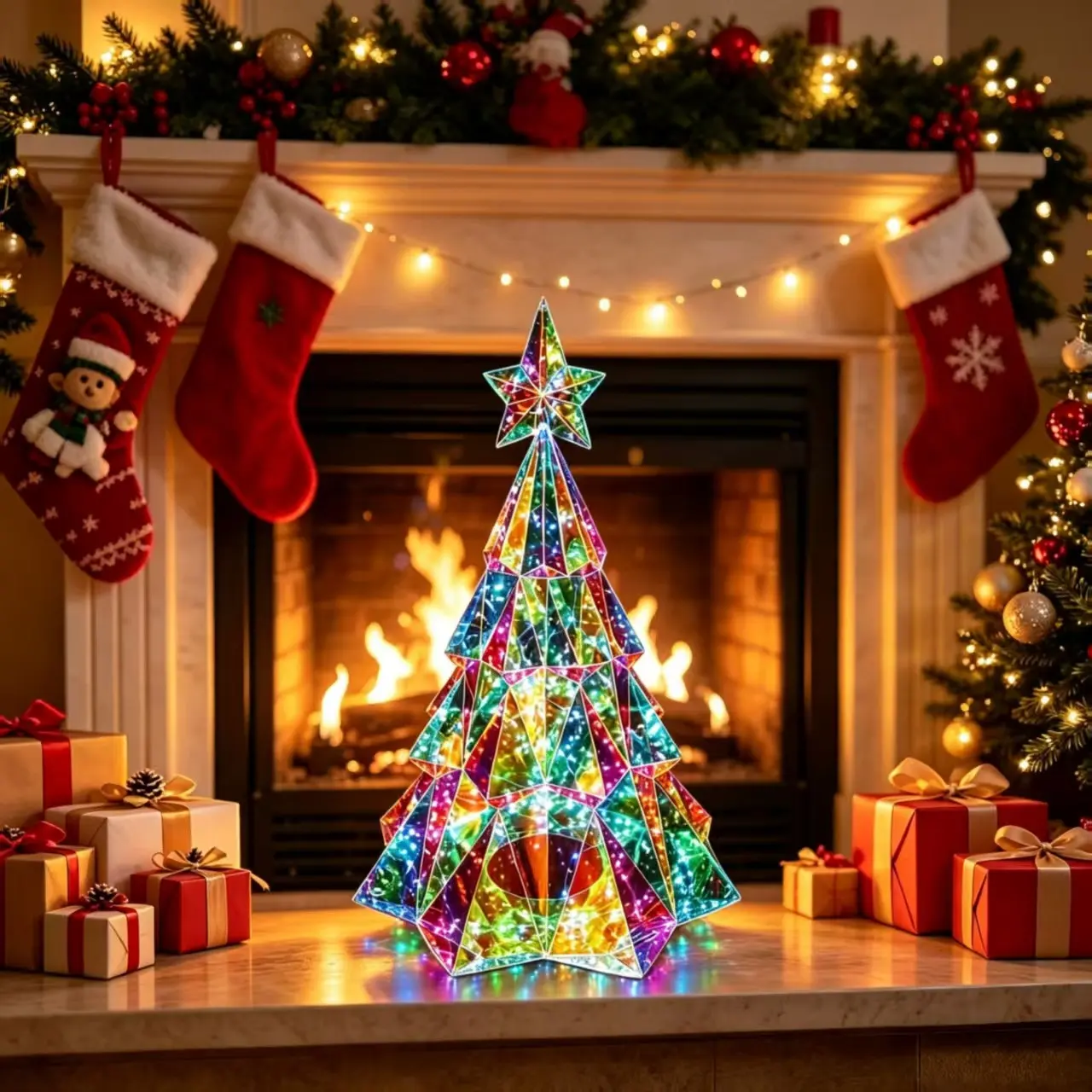 Transparent Colorful LED Light Up Christmas Tree Window Display, Glowing Desktop Decoration, Pet Material Holiday Ornament, Festive Atmosphere Decor