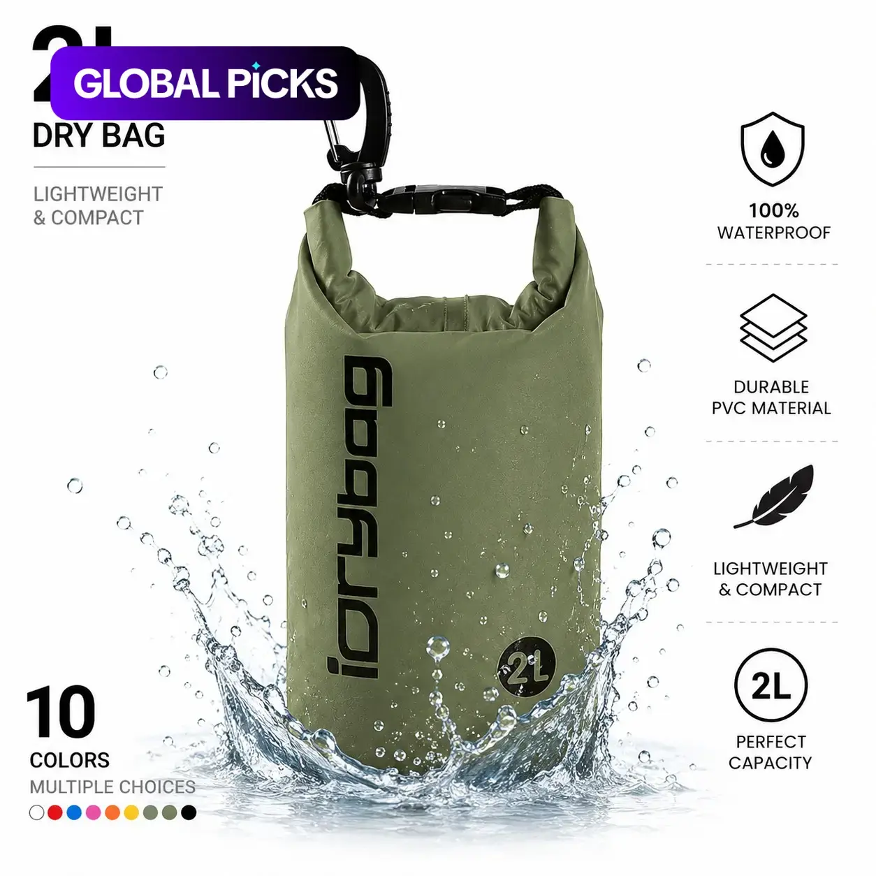 2L Waterproof Dry Bag, Outdoor Sports Rafting Bag with Adjustable Strap for Travel, Kayaking, Boating, Beach and Swimming #GLOBAL PICKS