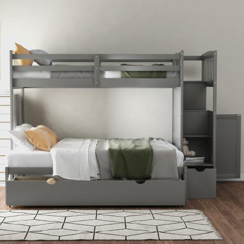 【Bellemave】Twin over Full/Twin Bunk Bed, Convertible Bottom Bed, Storage Shelves and Drawers, White