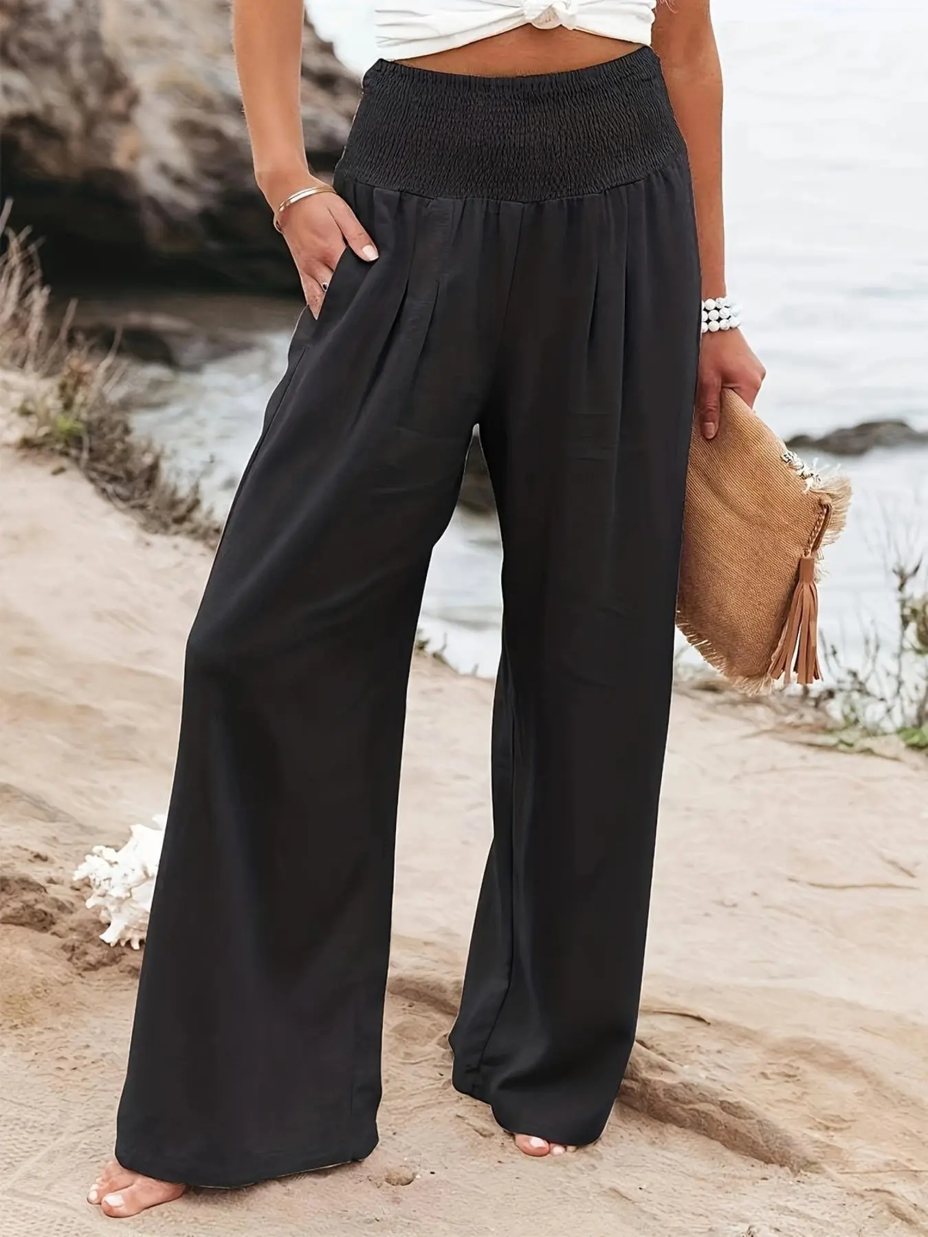 New High-Waisted Elastic Wide-Leg Pants for Women, Loose Fit Flowy Solid Color Casual Long Pants, Beach Vacation Versatile Fashion, Everyday