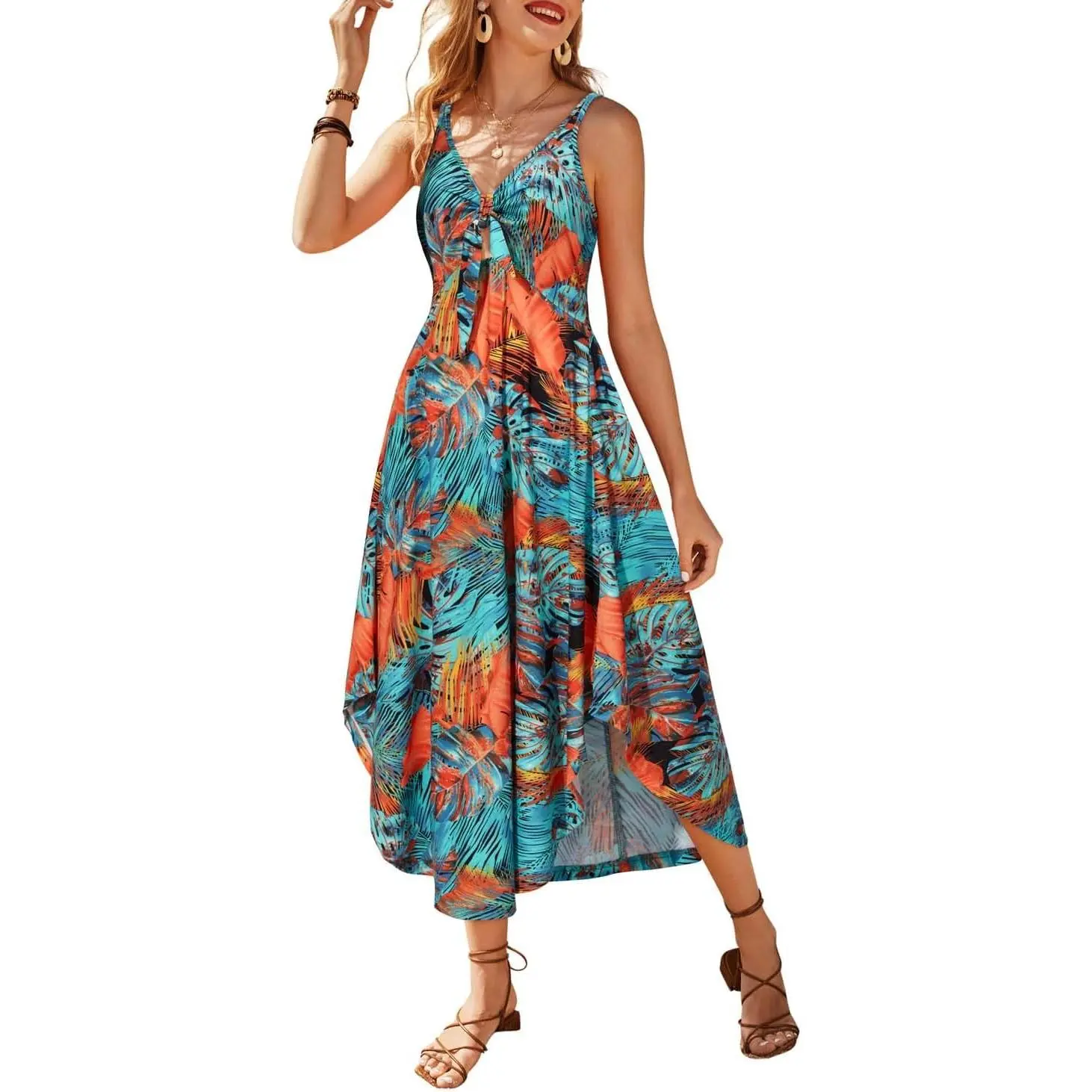 Womens Summer Maxi Dresses 2026 Tie Front Beach Vacation Sundress Hawaiian Tropical Outfit Floral Sundress