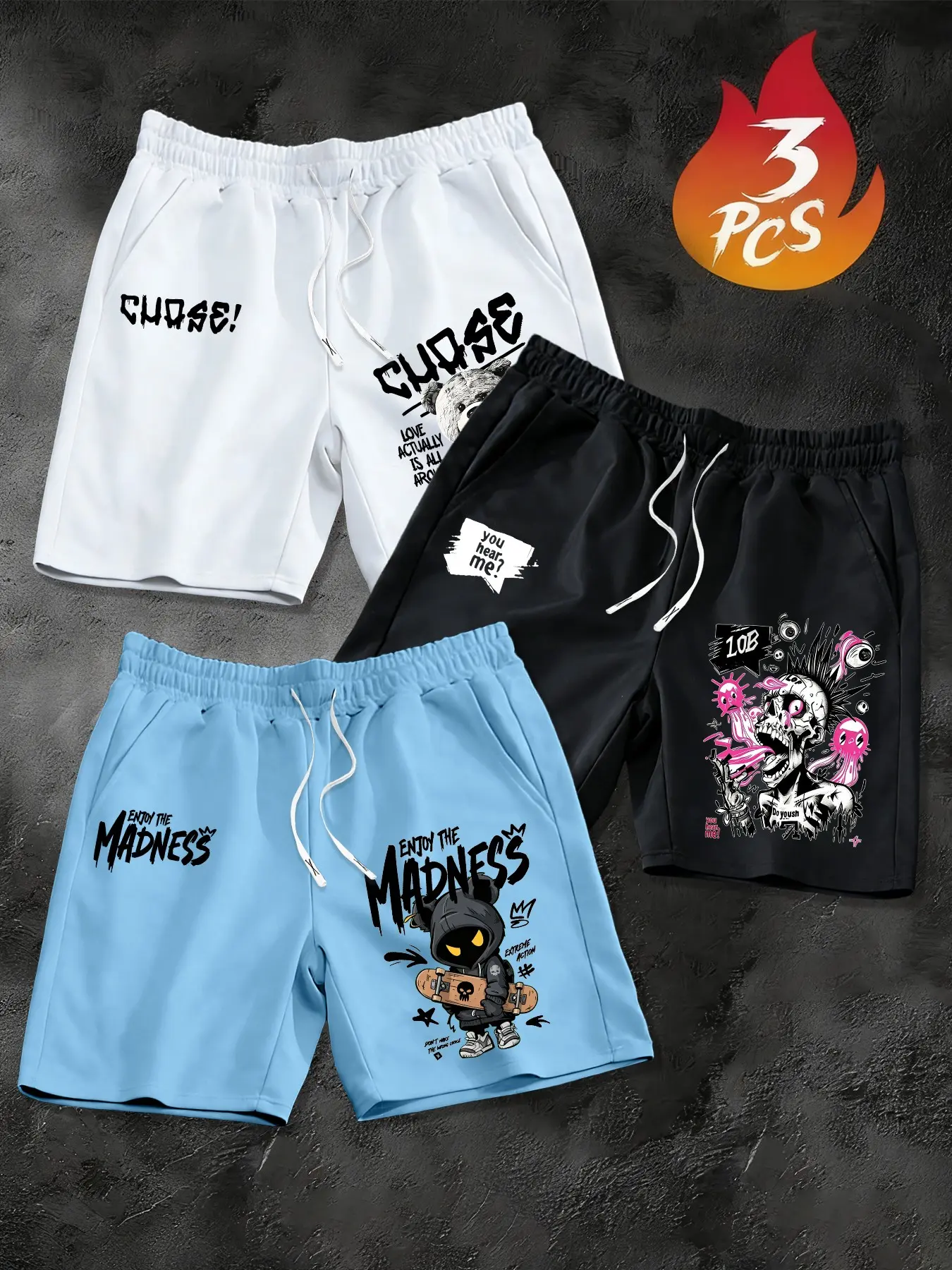 Men's Street Style Skull Bear Print Shorts, Fitted Waist Drawstring Cargo Pants, Multi-Color Set, Hip-Hop Casual Wear, Streetwear