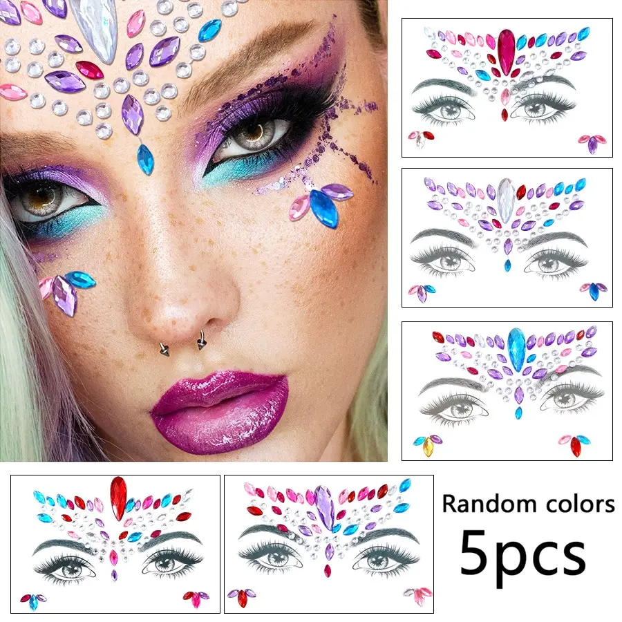 5Pcs Random Teardrop Face Rhinestone Stickers, Forehead Gem Decals for Rave & Music Festival, Sparkly Crystal Eye & Face Makeup Decor for Stage Party
