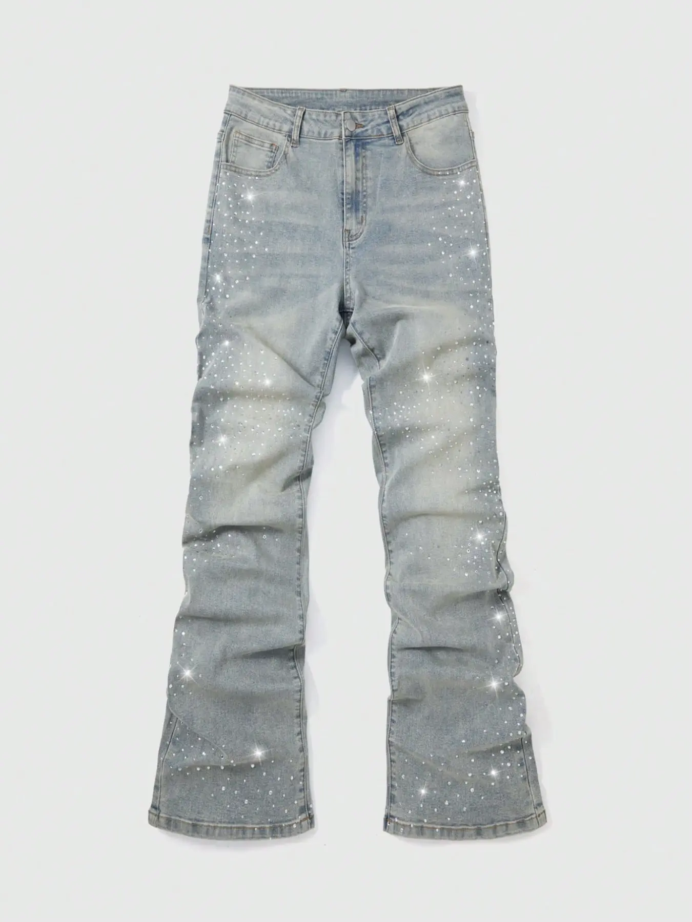 Men's American High Street Streetwear Rhinestone Ripped Micro Flare Stylish Denim Jeans, Light Blue Distressed Wide Leg Pants, Y2K Gothic Style, Fall Winter Fashion, Bling Jeans