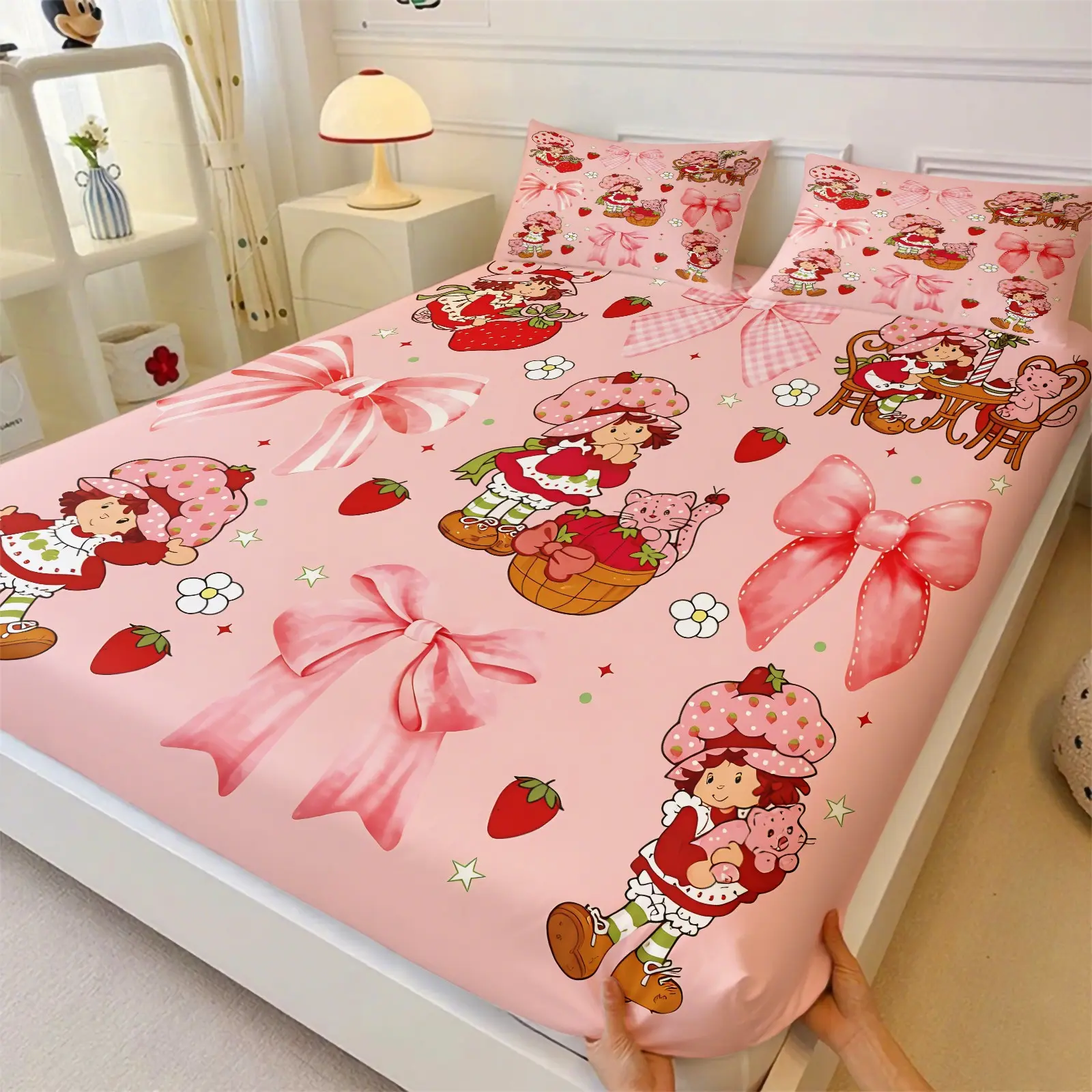 Strawberry Shortcake Pink Ribbon Bow Fitted Sheet Set, 1 Fitted Sheet + 2 Pillowcases - 3 Piece, Soft Microfiber Deep Pocket Design All Season, Coquette Girly Bedroom Decoration, Gift for Cartoon Lovers