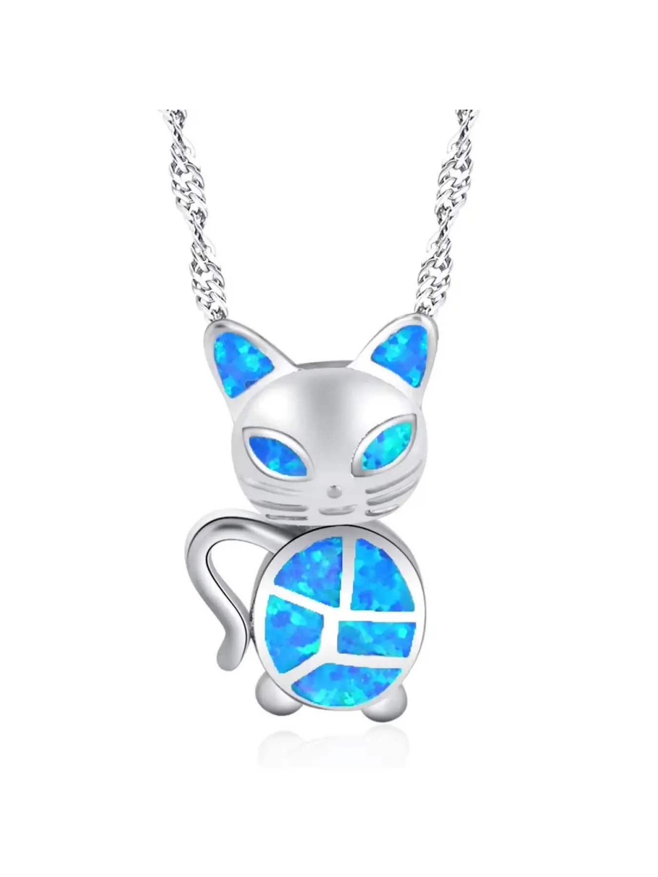Blue Opal Cat Pendant Necklace, Silver Color Animal Jewelry with Sparkling Gemstone Eyes, Cute Kitten Gift for Women and Girls