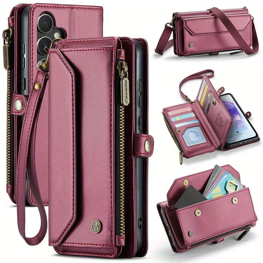 Crossbody for Samsung Galaxy A12 A13 A14 A15 A22 A23 A24 A25 A30S A50S A32 A33 A34 A35 A51 A52 A53 A54 A55 A71 A72 Case Wallet [RFID Blocking] with 10-Card Holder Zipper Bills Slot, Soft Magnetic Flip Wristlet Shoulder Strap Wallet Case for Women