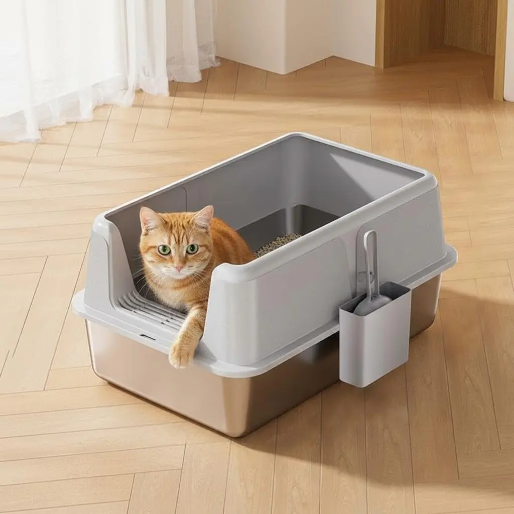 Splash-Proof & Leak-Proof Stainless Steel Litter Box, Opening Cat Litter Box with Lid - Non-Stick, Durable Metal Litter Box Includes Scoop, Easy to Clean