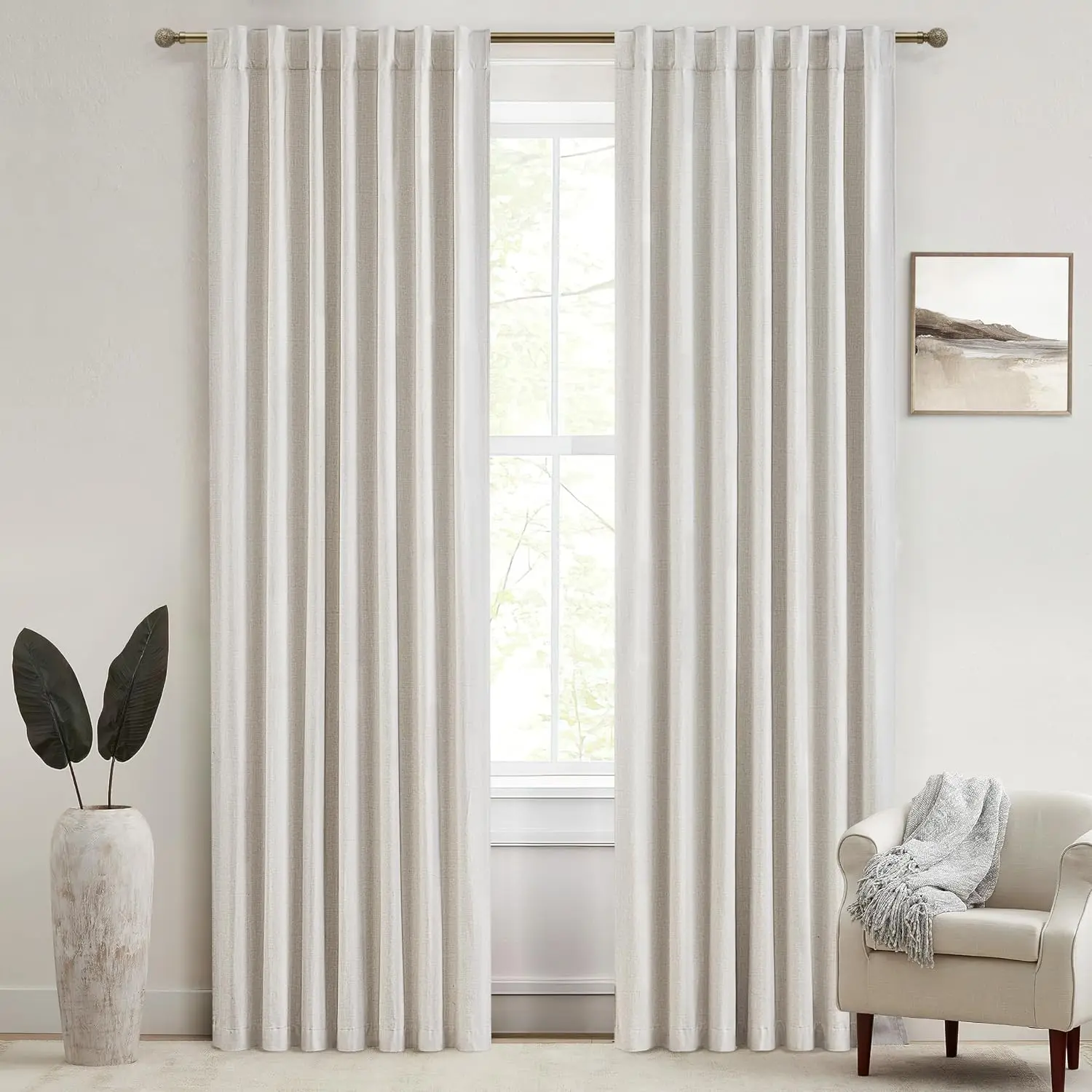 Solid 100% Blackout Polyester Blend Curtains Set of 2 - 50" W x 90" L Drapes with Flax Hook Belt Pleats, Energy-Saving Window Coverings for Living Room, Farmhouse Look Room-Darkening Bedroom Curtains