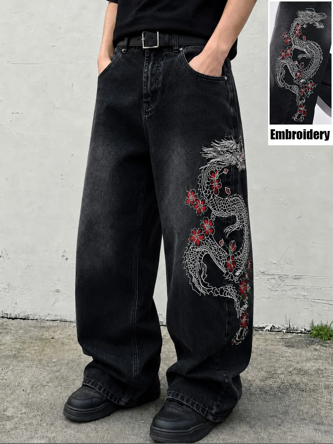 Men's Vintage Washed Black Baggy Jeans, Dragon and Flower Embroidered Wide Leg Denim Pants, Loose Y2K Hip Hop Streetwear Trousers for Daily Wear#MensJeans #BaggyJeans #DragonEmbroidery #EmbroideredJeans #WideLegJeans#WashedBlack #VintageDenim