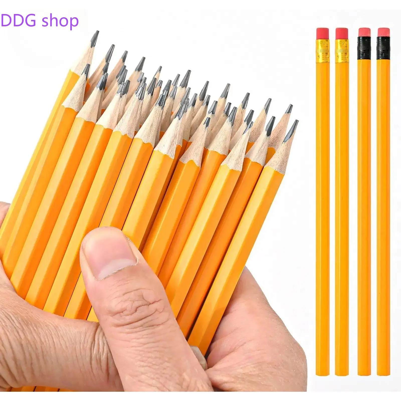 50Pcs/20Pcs Yellow Hexagonal HB Pencils with Built-In Erasers, Classic Sketch & Drawing Writing Stationery, Smooth Graphite Tools for Back to School, Daily Drafting, Art Creation & Office Study Supplies