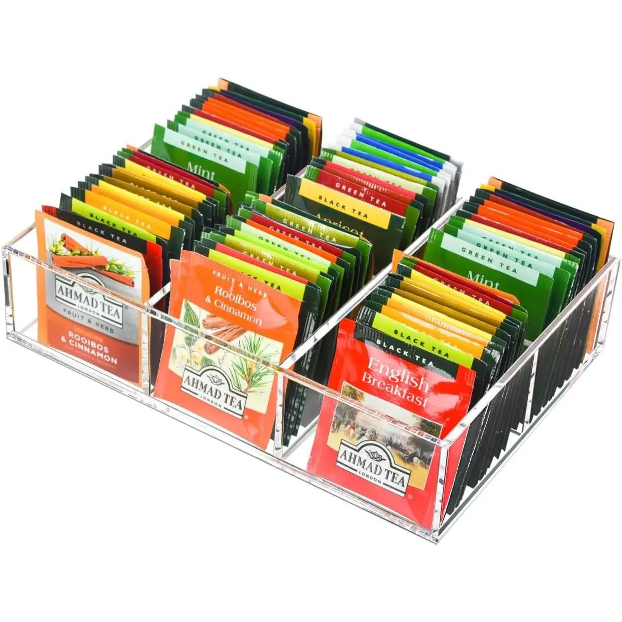 Clear Acrylic Tea Bag Organizer Holder, 6 Slot Drawer Organizer with Removable Dividers, Tea Storage for Kitchen Countertop, Drawer, Pantry, Cabinet