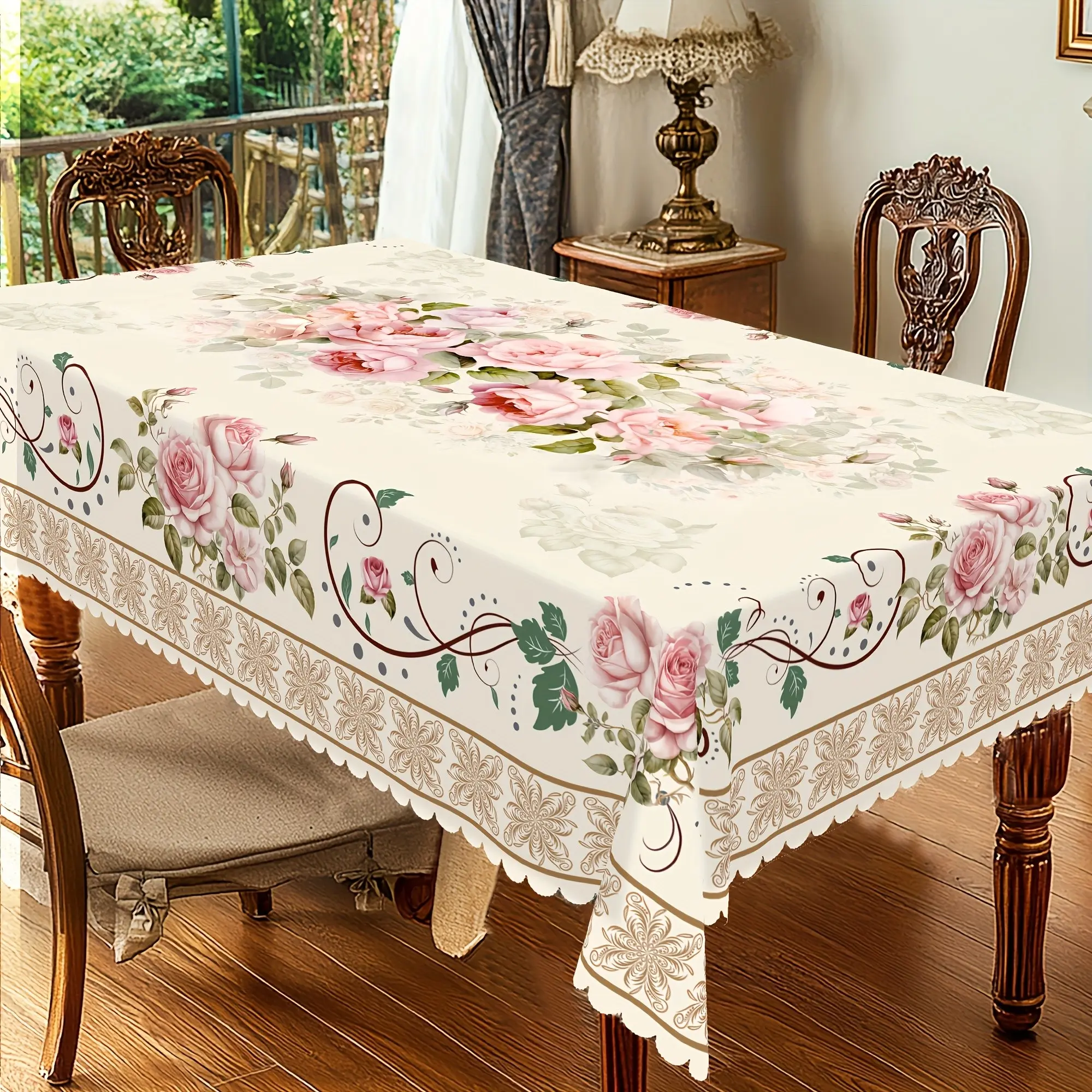 1pc French retro-style powder rose wave-edge tablecloth, water-resistant and stain-resistant, reusable square tablecloth, suitable for decoration in living rooms, dining rooms and hotels