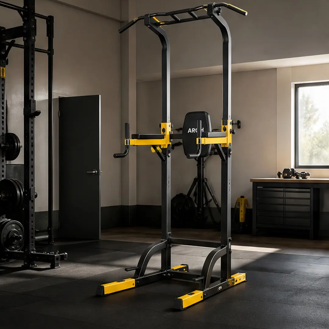 Heavy-Duty Powder-Coated Steel Power Tower, 10-Level Adjustable Pull Up Dip Station with Backrest & Rubber Grips for Home Gym Full Body Workout, 440 lbs Capacity, Abs, Unisex, Apartments