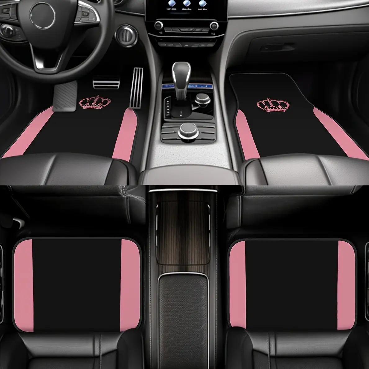 2D Flat 4pcs Set of Pink Edge with "Crown" Print Car Floor Mats, Universal Size, Washable, Stylish Interior Protection for Cars, Girly Car Accessories, Printed, Non-3D