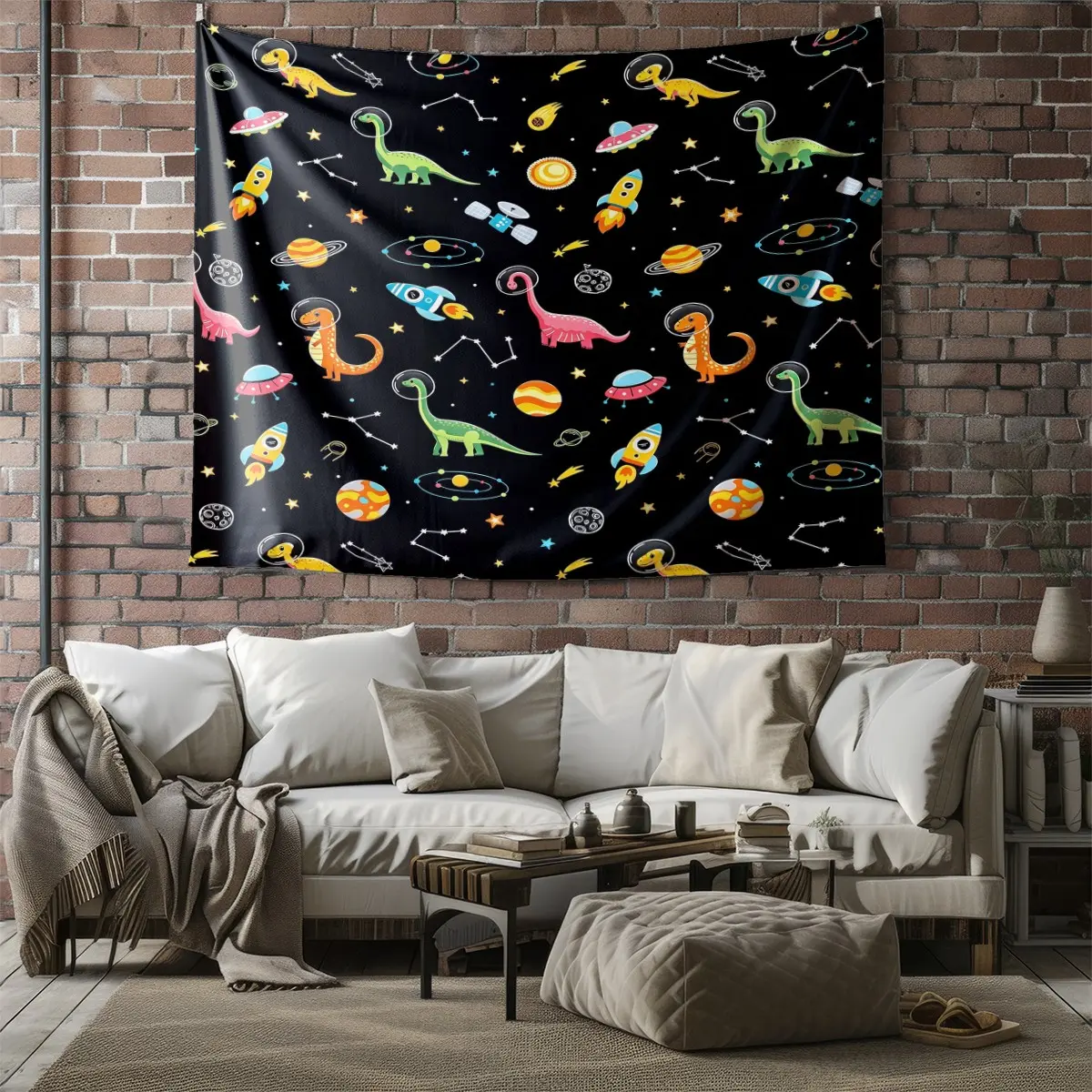 Cute Space Dinosaur Tapestry, Cartoon Dinosaur Wall Hanging Blanket Outer Space Wall Art for Living Room Bedroom Decoration Universe Planets
