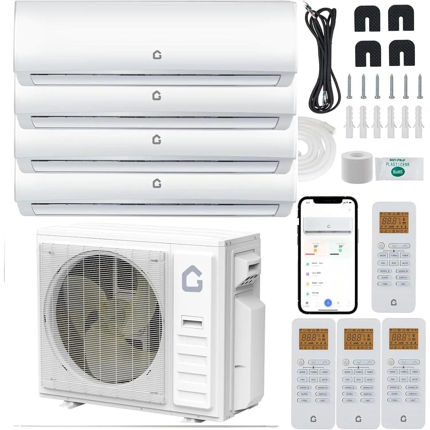 GAOMON 35000 BTU Quad-Zone Ductless Mini Split Cool/Heat System, 19 SEER2 (9000x3 + 12000) Unit, Pre-Charged Condenser, 208-230V, Copper Tube Line Set Not Included