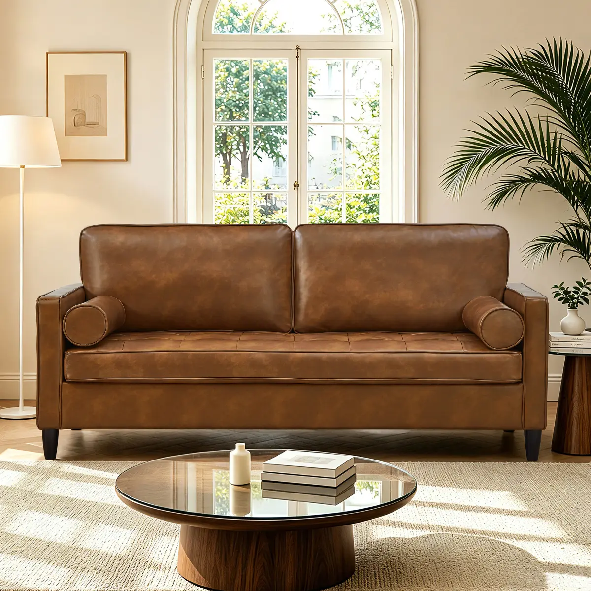 [Bellemave] Classic Design Leather Couch,Breathable Faux Leather with Tufted Seat Cushion Solid Wood Legs Sofa for Living Room, Office, Brown