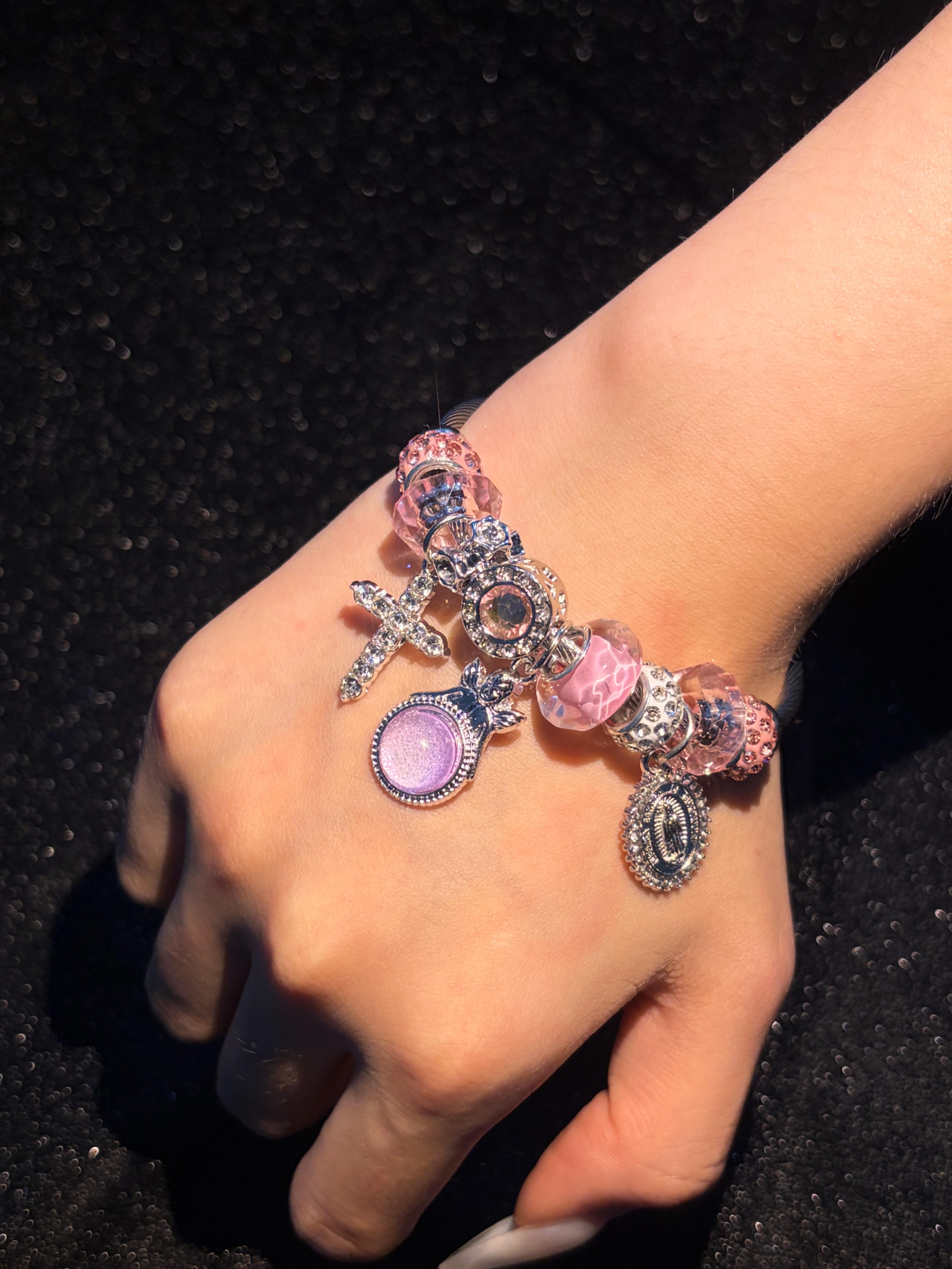 Women's Silver-Tone Religious Wire Cuff Bangle - Cross, Virgin Mary Charm, Pink Murano Glass Beads, Rhinestone Crystal Fashion Statement Bracelet