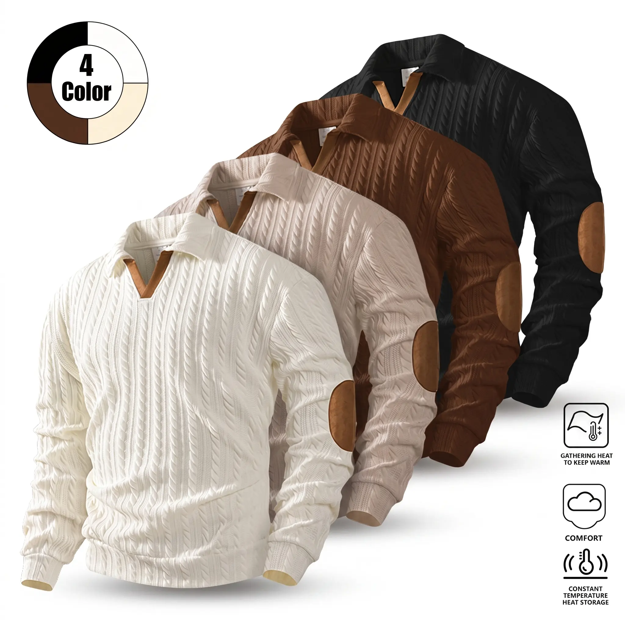 Men’s autumn vintage cable knit sweater featuring a V neck placket and contrast collar lining with patch detailing at the elbow sleeves; ribbed hem for a comfortable, close fit; suitable for autumn/winter commuting and everyday casual wear.