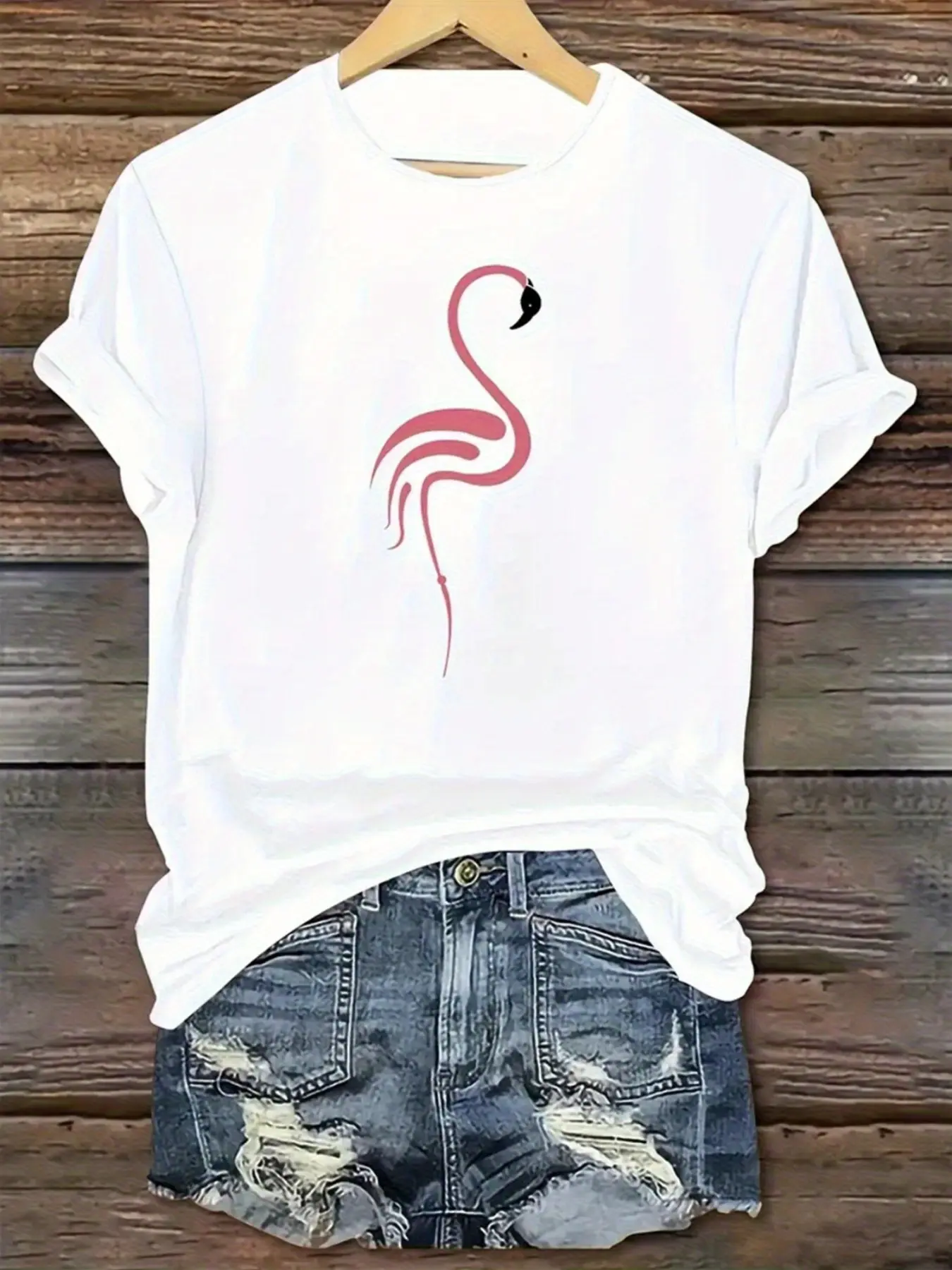 Women's Flamingo Print Lady T-Shirt - Casual Tropical Short-Sleeve Round-Neck Relaxed-Fit Lightweight Top for Beach Outfits, Tshirt