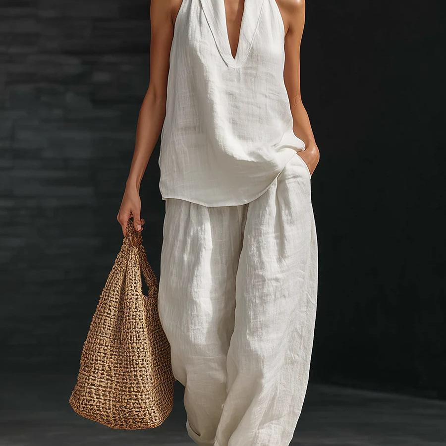 Boho Halter Neck Two Piece Set - Perfect for Beach, Vacation & Brunch! Sleeveless Top Wide Leg Pants Set #TwoPieceSet #HalterNeck #WideLegPants #Sleeveless #SummerOutfit #BohoFashion #OOTD #WomensFashion #CasualSet