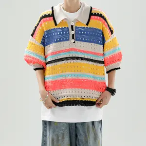 Men's Knit T Shirt Hollow Out Design Oversized Tee Bright Color Tee with Textured Pattern Streetwear Aesthetic Top for Students/Artists/Hip Hop Rapper Bohemian Style