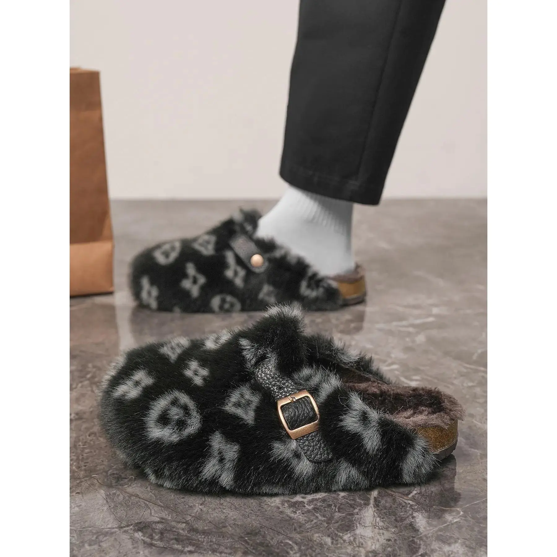 Fuzzy Plush Mule Slippers for Women - Cozy Warm Buckle Strap House Shoes Indoor Outdoor