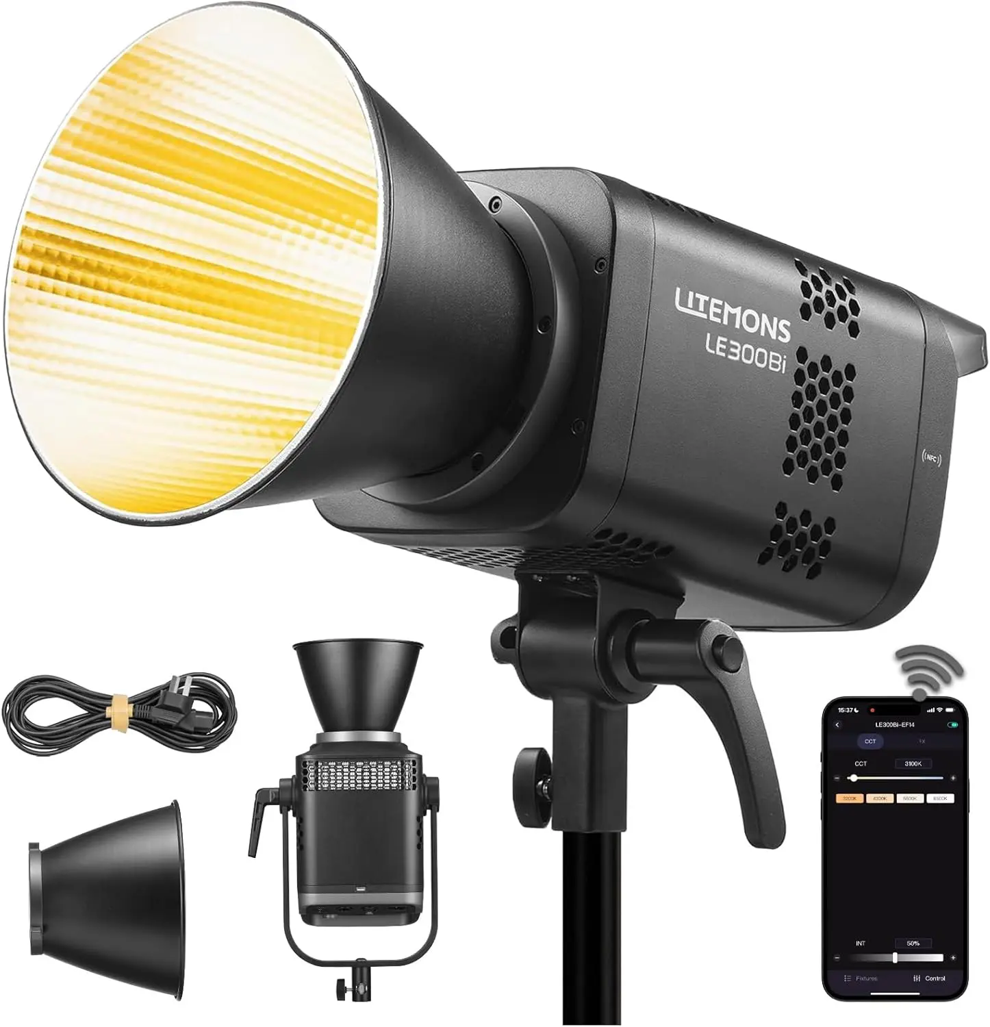 Godox LE300Bi Bi-Color LED Video Light, 320W Studio Light, 58,900 Lux at 1 m, 2800K/6500K continuous light, CRI 98+ / TLCI 99+, Bowens mount, NFC & app control, 11 lighting effects for streaming, YouTube, and video