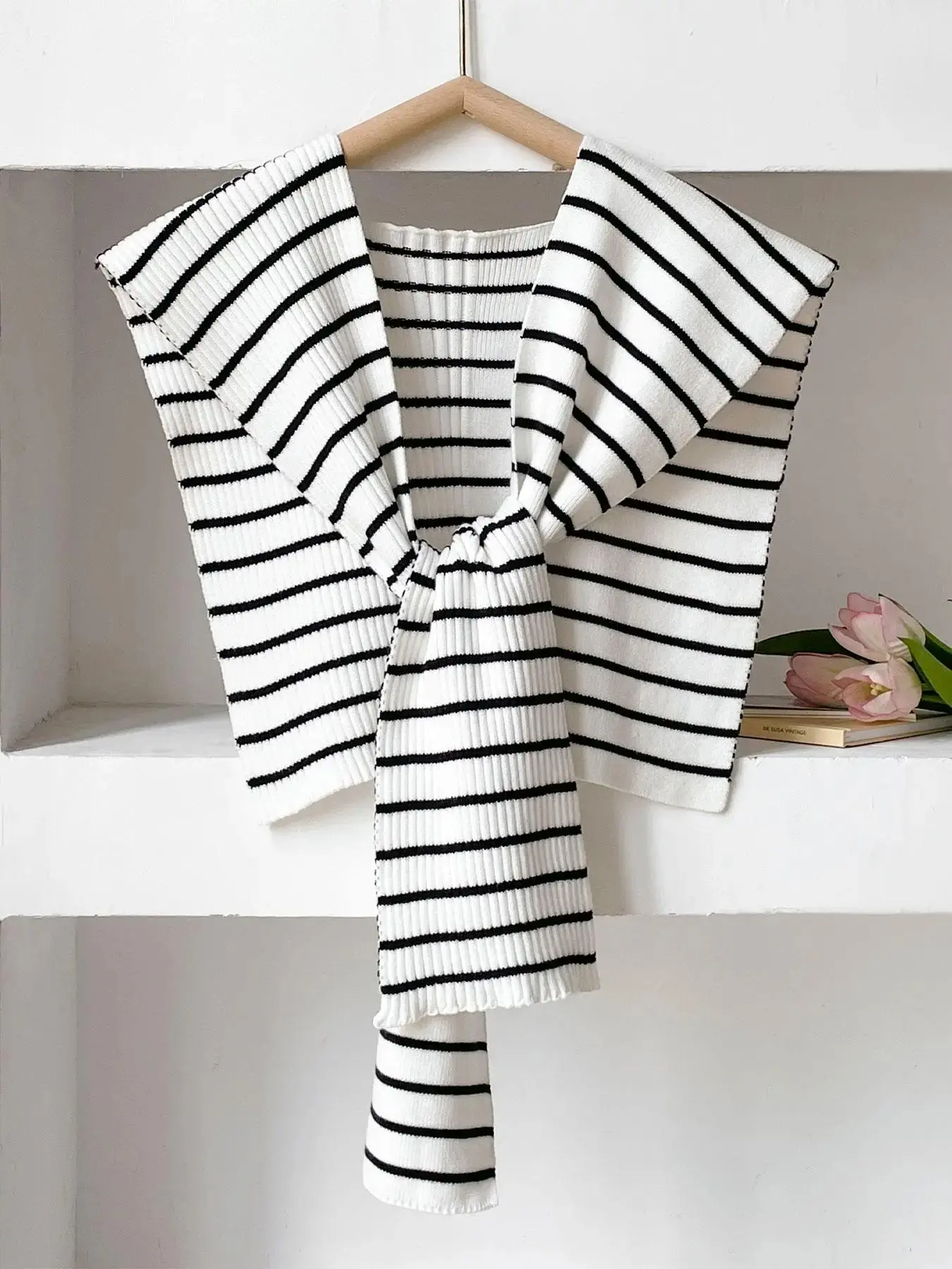 2 Colors Striped Knotted Knit Shawl Wrap 101*38cm, Ribbed Stripe Fake Collar Shoulder Cape, Pre-tied Knit Poncho for Daily Outfit Layering Spring Autumn Decor