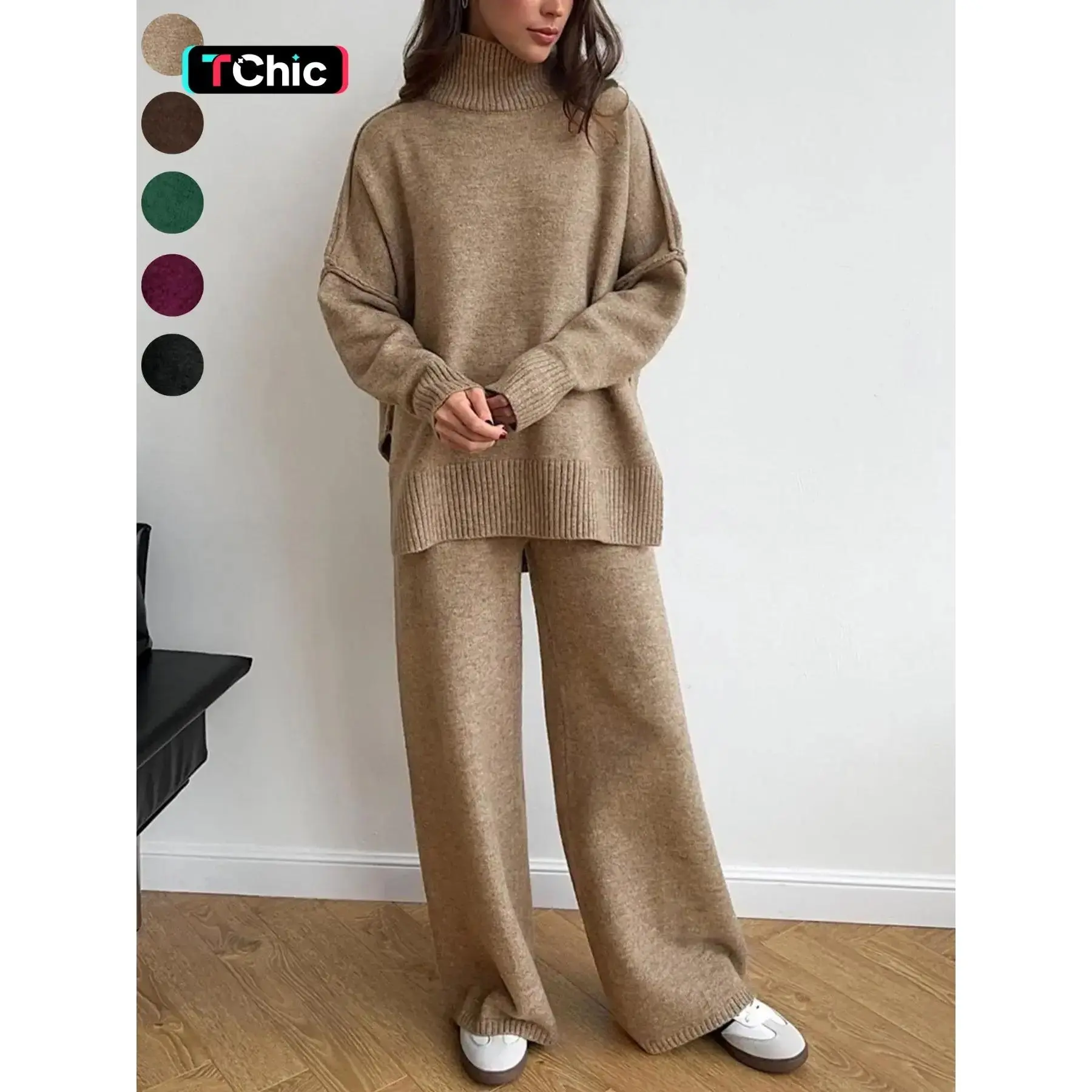Women's 2 Pcs Solid Color Sweater Set for Autumn Winter, Long Sleeve High Neck Turtle Neck Turtleneck Drop Shoulder Pullover Sweater and Wide Leg Pants, Women's Fall Outfits, Casual Loungewear Set Womenswear