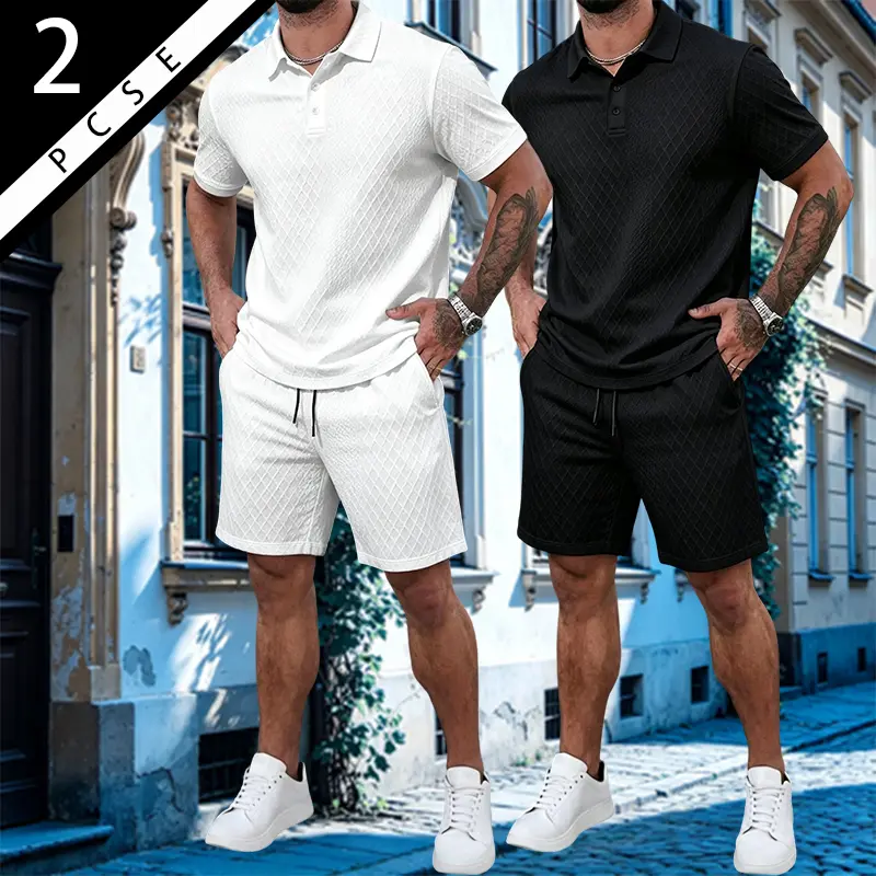 Men's 2 Piece Short Set 2 Pack Textured Polo Shirt & Shorts, Breathable Soft Comfortable Lightweight, Loose Fit Elastic Waist Drawstring, Fashion Versatile All Match Casual Outfits for Streetwear Golf Vacation Summer Daily Wear