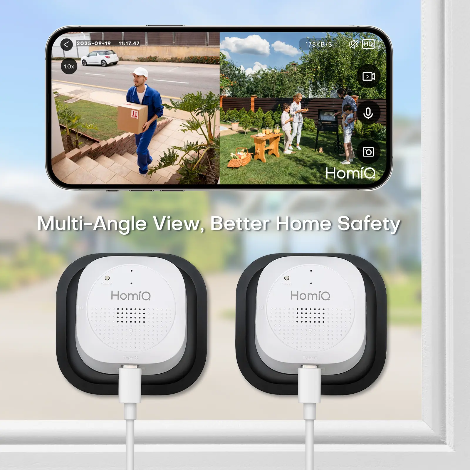 2 Pack HomiQ AI Magnetic 2K 3MP Window Camera, supports 2.4GHz and 5GHz WiFi, home security camera with ColorVue AI full color night vision, alarm, and human motion detection, 24/7 recording, easy installation, cloud storage and SD card support