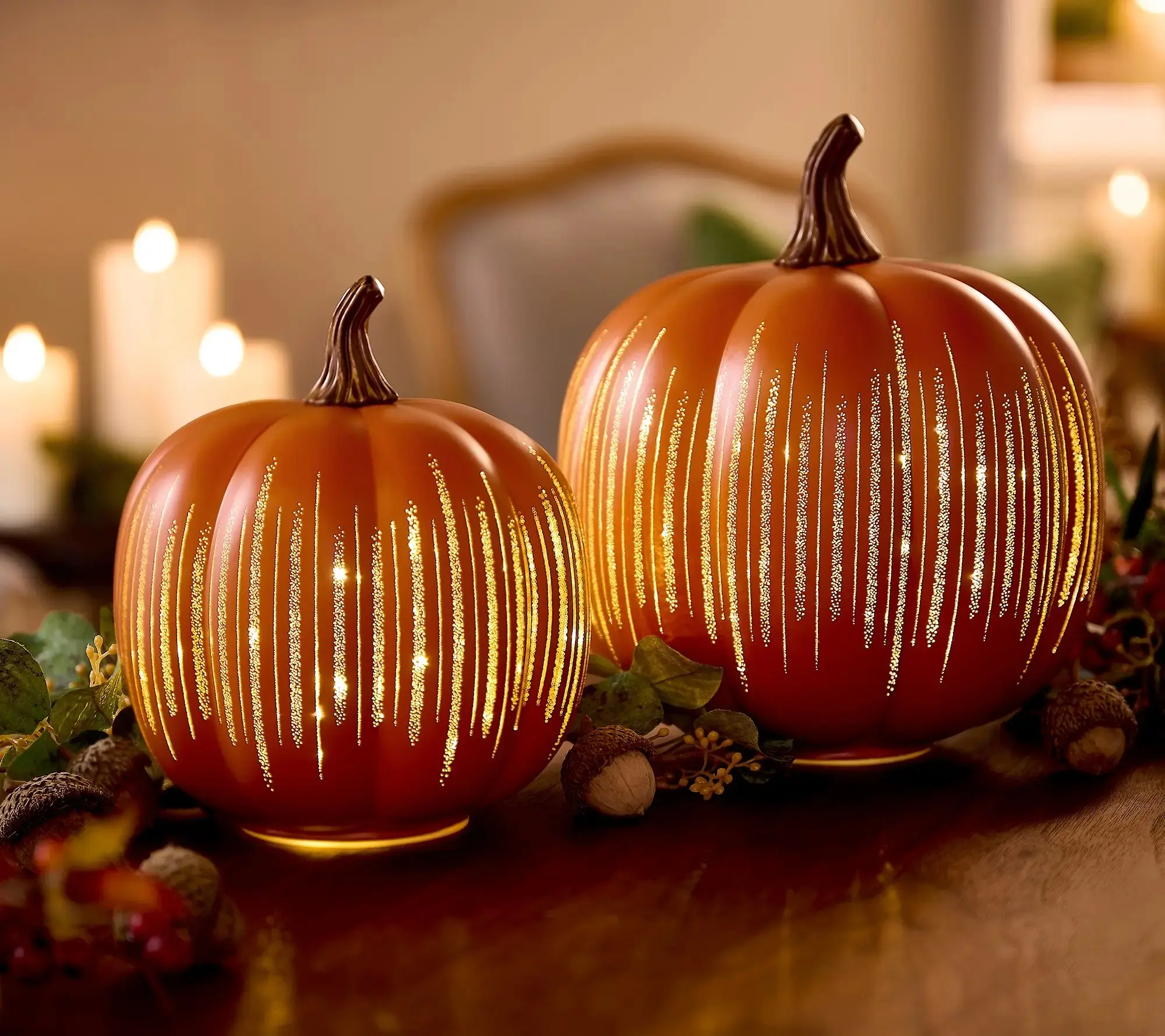 Set of 2 Illuminated Starry Night Glass Pumpkins by Valerie