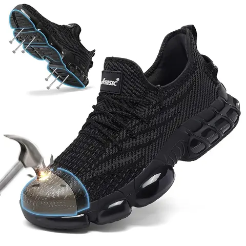 ARISIC Men's Steel Toe Lightweight Work & Safety Shoes - Non Slip Work Shoes, Puncture Res., Abrasion Resistant, Heavy Protection, Anti-Slip Outsoles, All Seasons Black Industrial Footwear for Construction Workers,outdoorfun