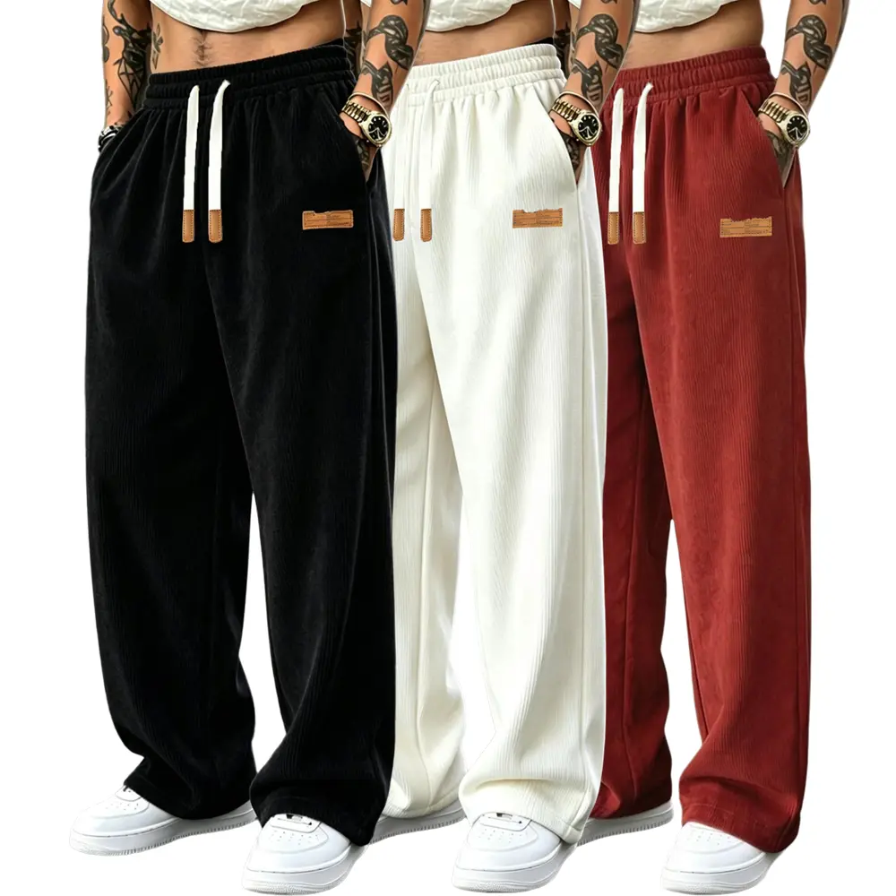（3 pack）Men’s wide leg athletic pants with elastic drawstring waist, small leather tag decoration, loose straight cut casual pants for everyday streetwear and jogging