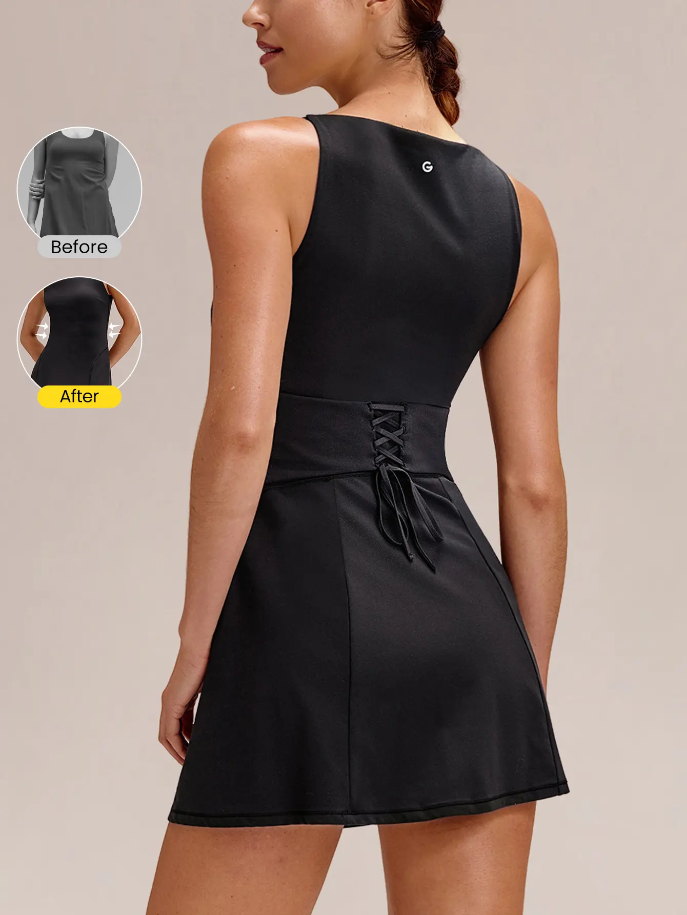 GLOWMODE Sporty Knit Sunshine Ready Removable Cups Pockets Back Drawstring Waist Boatneck Strapless Tennis Dress With Anti Slip Built In Shorts Tennis Golf Pickleball Daily Casual Wear