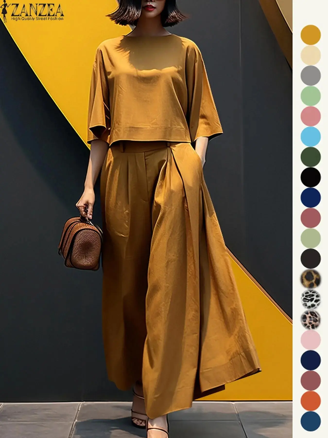 Women's Top & Wide Leg Pants Two-piece Set, Casual Fashion Minimalist Cozy Three Quarter Length Sleeve Top & Trousers for Daily Outdoor Wear, Ladies Clothes for All Seasons, Womenswear, Suit, Loose