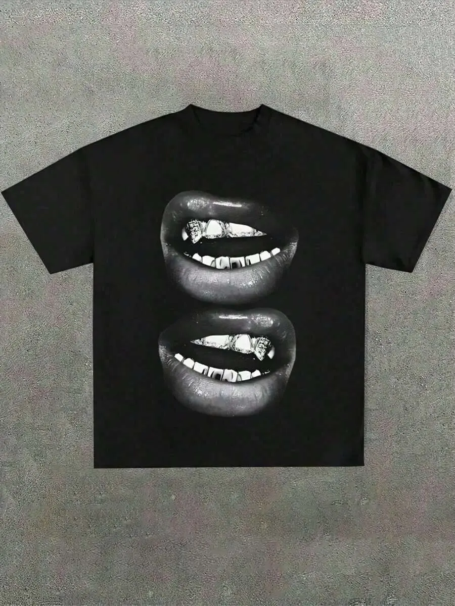 Men's Funny Grill Lips Printed Graphic Tee, Cotton gsm Casual Soft Unisex T-Shirt For Summer Outings