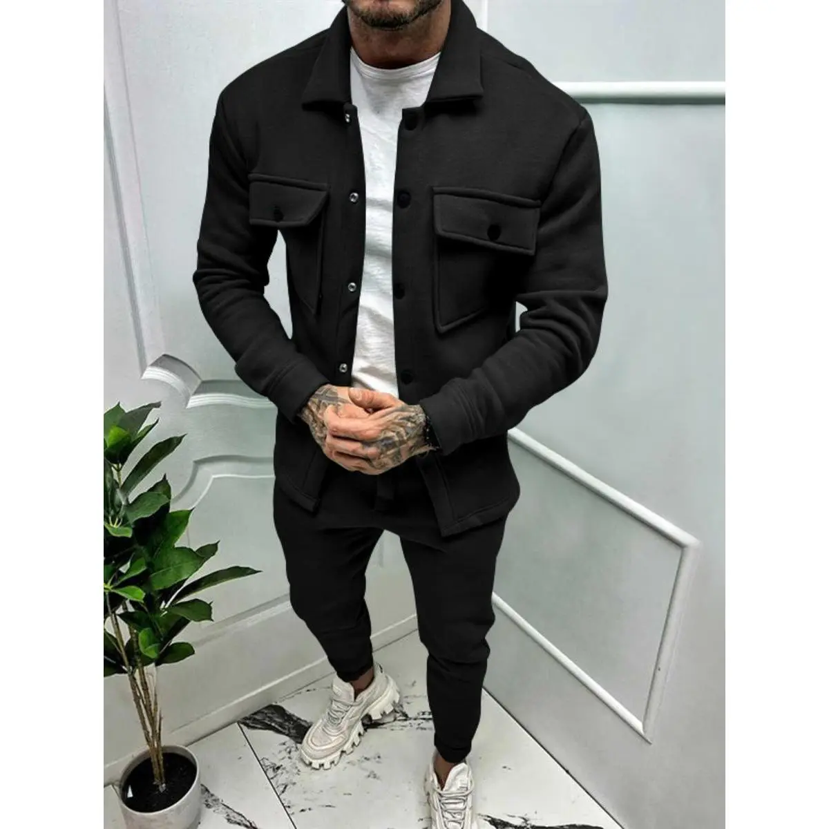 Men's Suede Leather Jacket & Set, Autumn Winter Windproof Warm Lining, Business Casual Stretch Fabric Two-Piece
