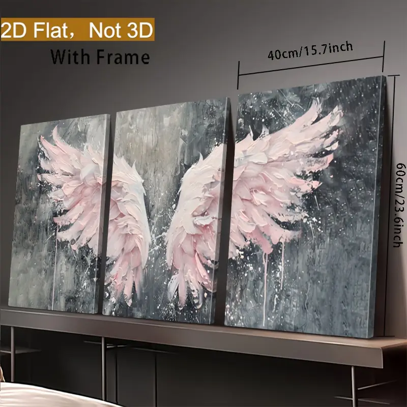 2D Flat, 3 Pieces/Set Wooden Framed Angel Wings Wall Art - Pastel Pink & Grey Abstract Watercolor Canvas Print, Soft Pink and Muted Grey Tones for Living Room, Bedroom, Cafe & Dorm Decor. Elegant Angel Wings Design, Ready-to-Hang Wall Decoration