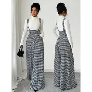 2026 Women's Knitted Plaid Print Houndstooth Wide Leg Pants, Front Pocket Button Design, Fashionable Elegant Daily Commuter Overalls, Fall Winter, Effortless Style, Flexible Fit, Chic, Warm Style, Autumn Style