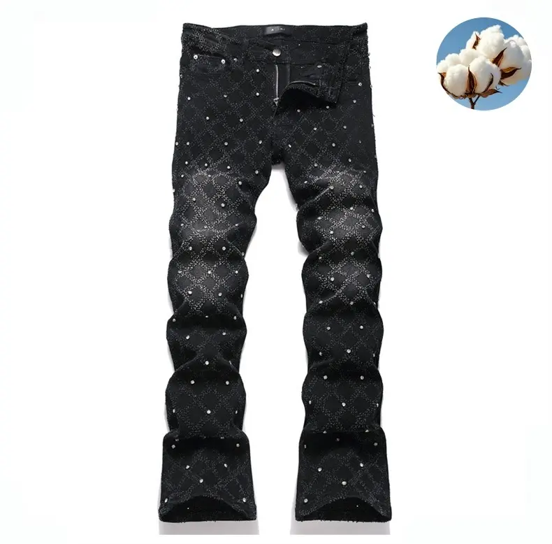 Y2K men's stretchy slim fit jeans with sparkling rhinestone embellishments, casual street style hip hop skate rap denim pants, machine washable suitable for all seasons
