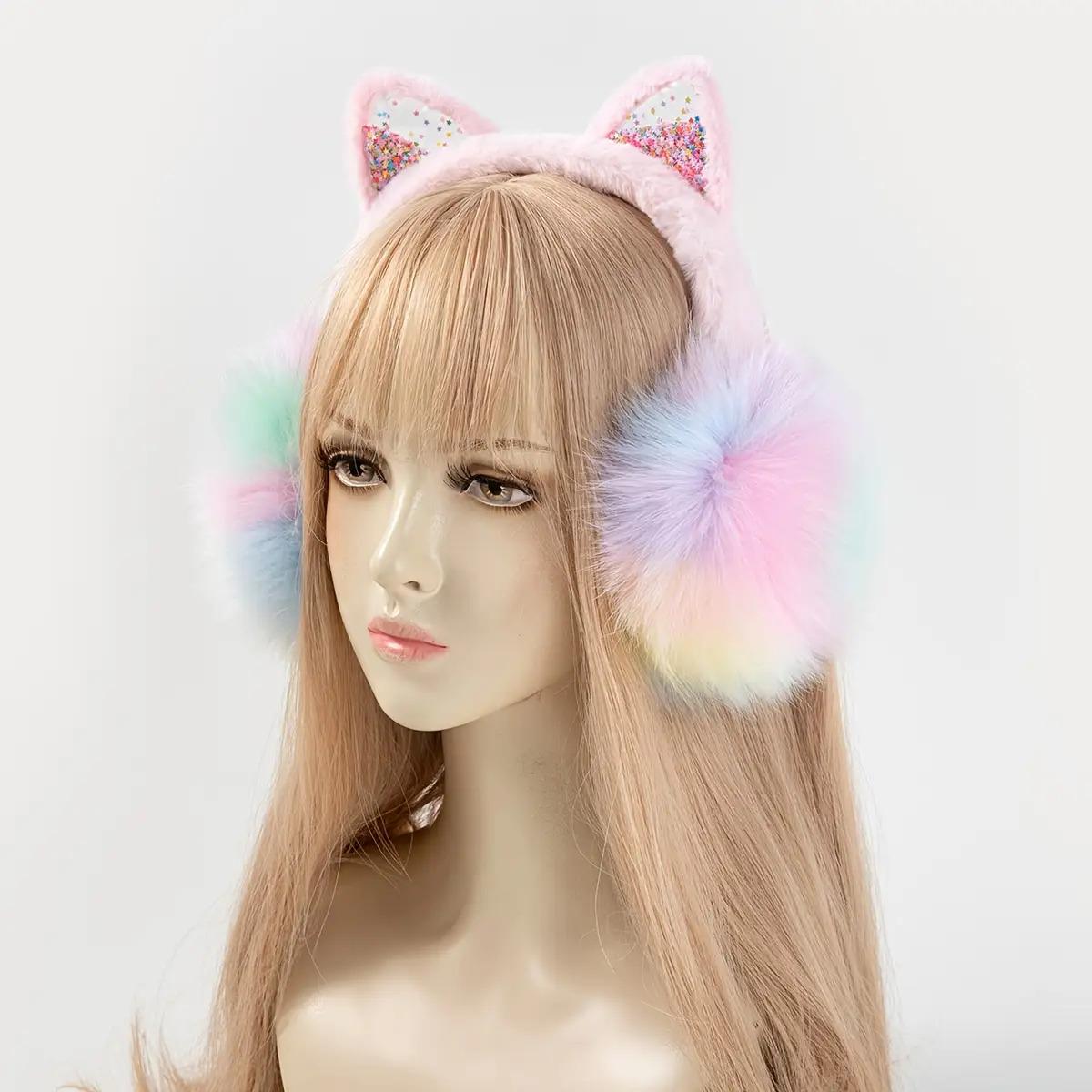 1pc Cute Cat Ear Headband with Fluffy Pom-Poms - Pastel Pink & Blue, Warm Folding Ear Muffs for Teens & Adults, Soft Polyester Hair Accessory for Cosplay, Halloween, Themed Parties, Cat Ears, Party Headwear, Playful Design, Comfortable Fit,