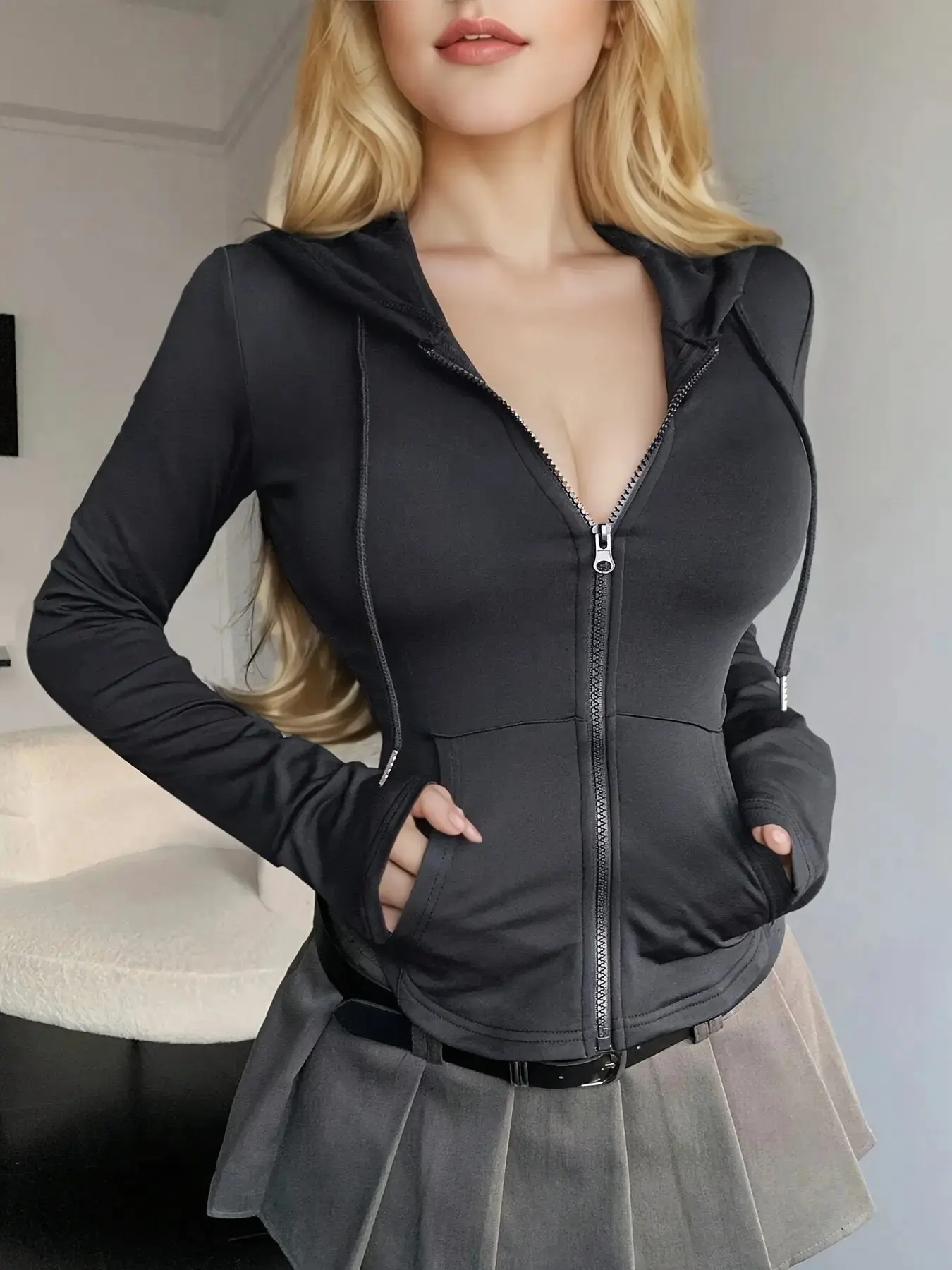 Women's Solid Color Drawstring Zip Up Hoodie, Casual Long Sleeve Pocket Hooded Sweatshirt for Spring & Fall, Women's Clothes for Daily Wear
